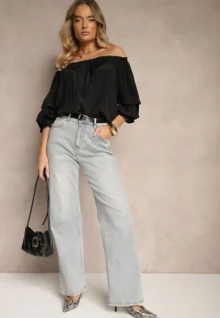 Czarna Bluzka z Wiskozą Ozdobiona Falbanami Melzivia