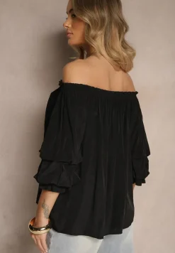 Czarna Bluzka z Wiskozą Ozdobiona Falbanami Melzivia