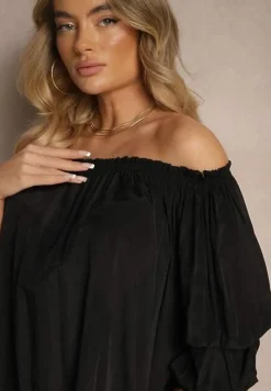 Czarna Bluzka z Wiskozą Ozdobiona Falbanami Melzivia