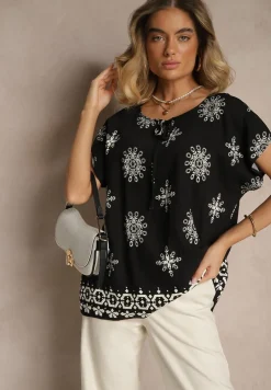 Czarna Bluzka z Wiskozą z Krótkim Rękawem Zdobiona Wiązaniem i Wzorem Boho Dannilsa