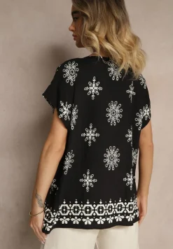 Czarna Bluzka z Wiskozą z Krótkim Rękawem Zdobiona Wiązaniem i Wzorem Boho Dannilsa