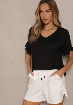 Czarna Bluzka z Wiskozą z Falbankami i Dekoltem w Kształcie Litery V Alivaya