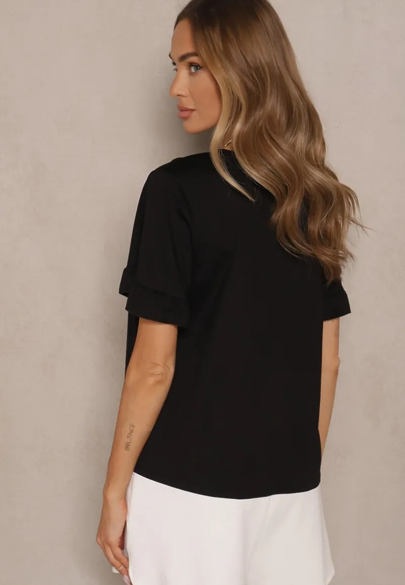 Czarna Bluzka z Wiskozą z Falbankami i Dekoltem w Kształcie Litery V Alivaya