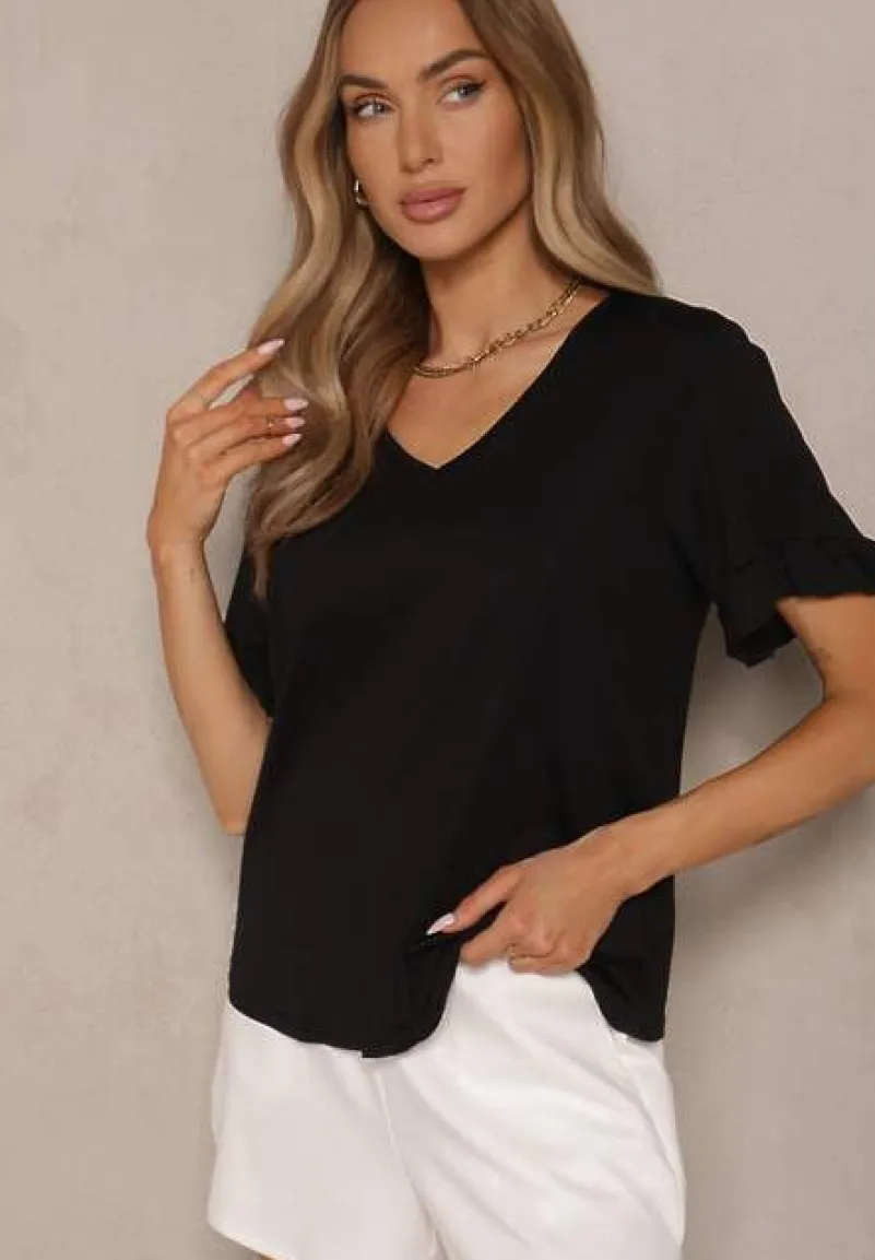 Czarna Bluzka z Wiskozą z Falbankami i Dekoltem w Kształcie Litery V Alivaya
