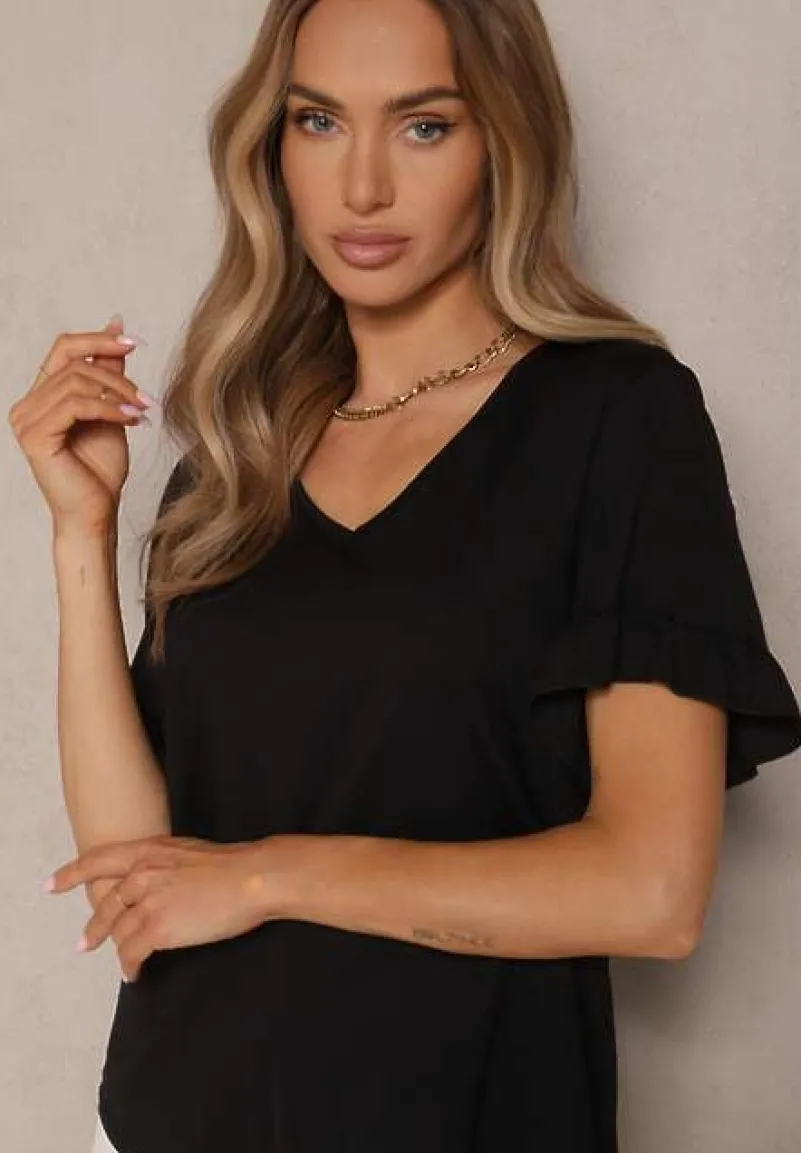 Czarna Bluzka z Wiskozą z Falbankami i Dekoltem w Kształcie Litery V Alivaya