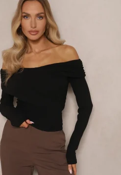 Czarna Bluzka z Wiskozą z Hiszpańskim Dekoltem Amodara