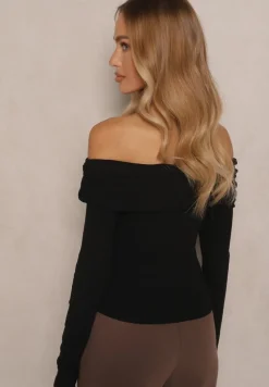 Czarna Bluzka z Wiskozą z Hiszpańskim Dekoltem Amodara