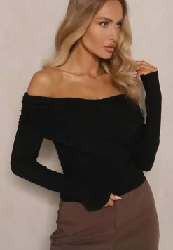 Czarna Bluzka z Wiskozą z Hiszpańskim Dekoltem Amodara