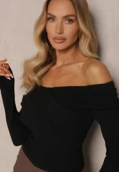 Czarna Bluzka z Wiskozą z Hiszpańskim Dekoltem Amodara