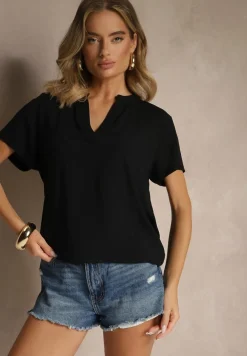 Czarna Bluzka z Wiskozy z Dekoltem w Serek Savelae