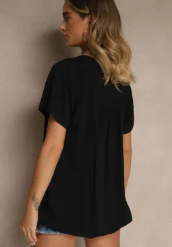 Czarna Bluzka z Wiskozy z Dekoltem w Serek Savelae