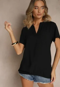 Czarna Bluzka z Wiskozy z Dekoltem w Serek Savelae