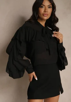 Czarna Bluzka z Wiskozy z Transparentną Wstawką Falbanami i Wiązaniem Fillenea