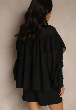 Czarna Bluzka z Wiskozy z Transparentną Wstawką Falbanami i Wiązaniem Fillenea
