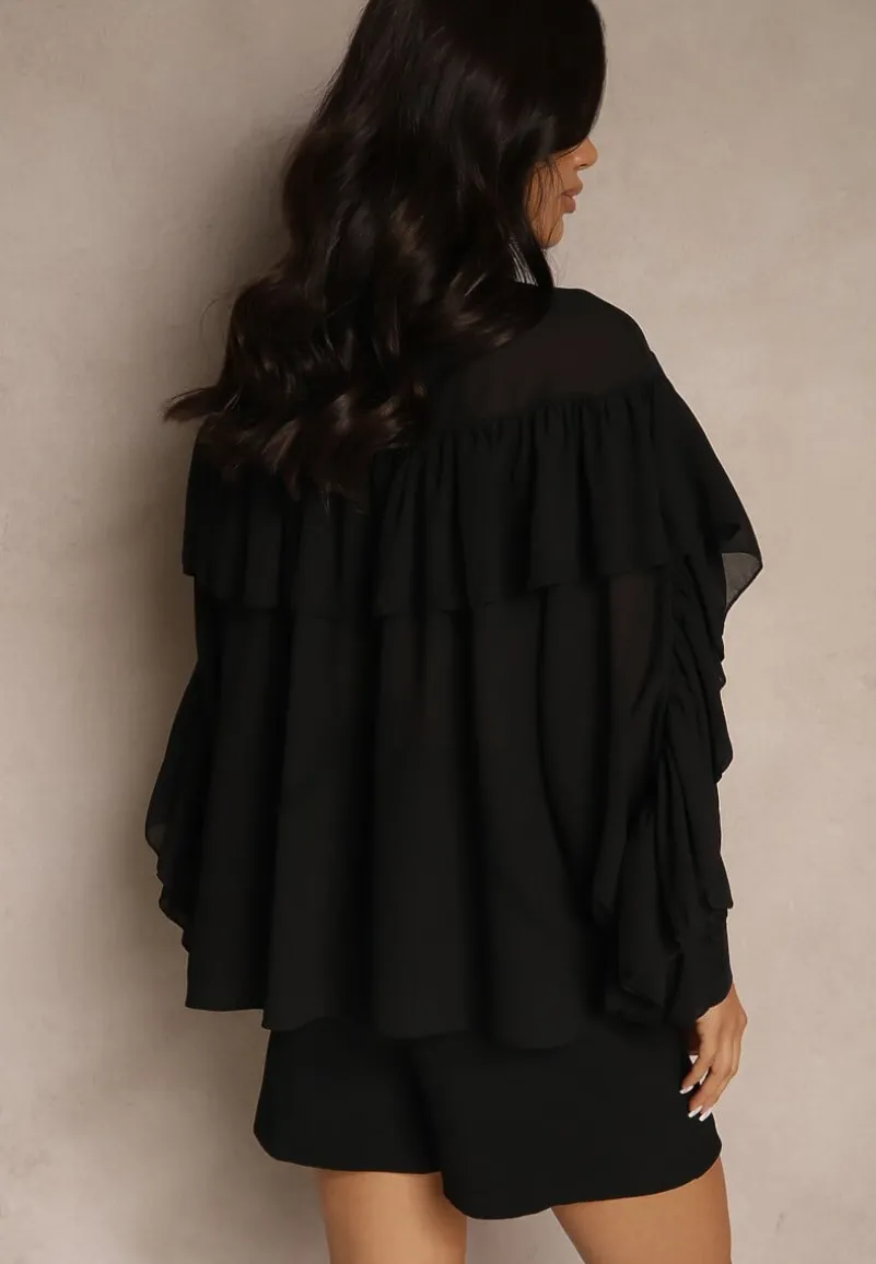 Czarna Bluzka z Wiskozy z Transparentną Wstawką Falbanami i Wiązaniem Fillenea