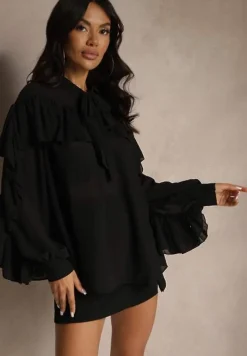 Czarna Bluzka z Wiskozy z Transparentną Wstawką Falbanami i Wiązaniem Fillenea