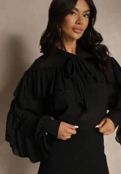 Czarna Bluzka z Wiskozy z Transparentną Wstawką Falbanami i Wiązaniem Fillenea