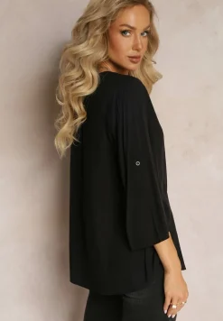 Czarna Bluzka z Wiskozy z Dekoltem Zapinanym na Guziki Sarika