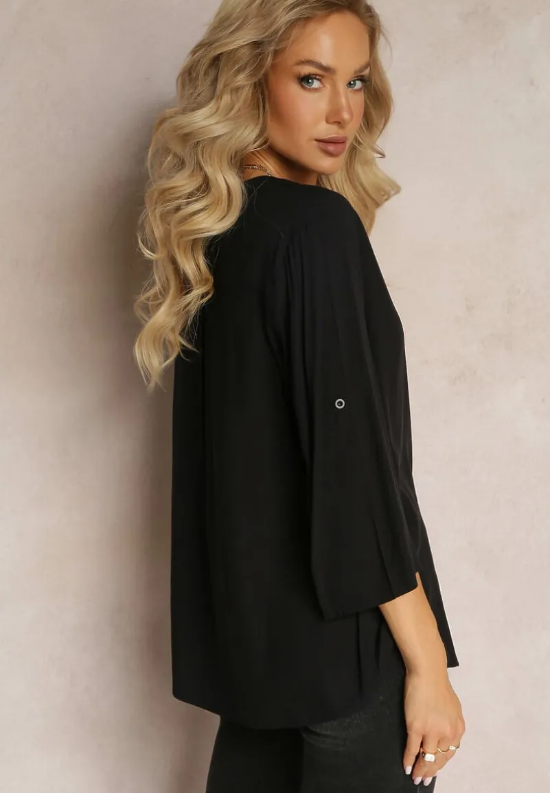 Czarna Bluzka z Wiskozy z Dekoltem Zapinanym na Guziki Sarika