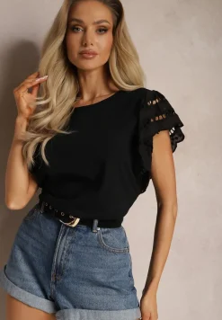 Czarna Bluzka ze Zwiewnymi Ażurowymi Rękawami Azurinea