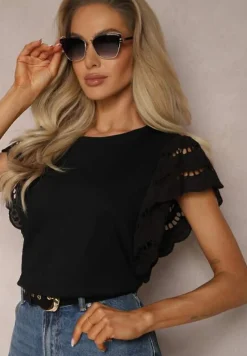 Czarna Bluzka ze Zwiewnymi Ażurowymi Rękawami Azurinea