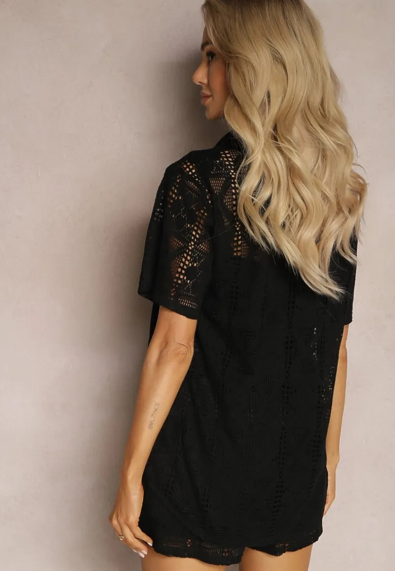 Czarna Boho Koszula z Ażurowymi Zdobieniami i Krótkimi Rękawami Danicra