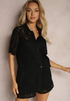 Czarna Boho Koszula z Ażurowymi Zdobieniami i Krótkimi Rękawami Danicra