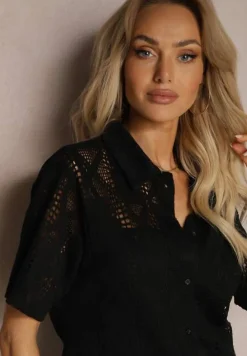 Czarna Boho Koszula z Ażurowymi Zdobieniami i Krótkimi Rękawami Danicra