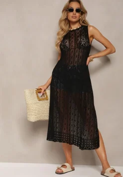 Czarna Boho Tunika Narzutka o Ażurowym Wykończeniu bez Rękawów Lerantalia