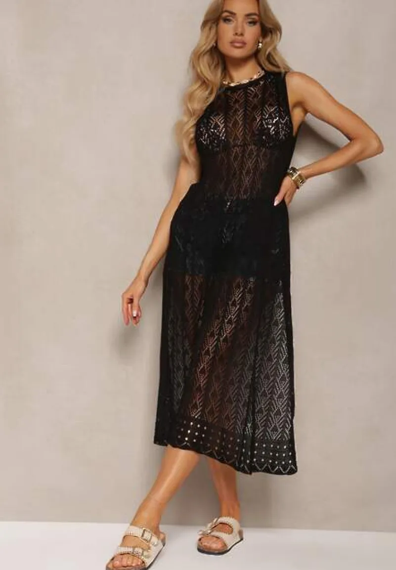 Czarna Boho Tunika Narzutka o Ażurowym Wykończeniu bez Rękawów Lerantalia