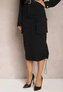 Czarna Cargo Spódnica Midi z Paskiem i Ściągaczami Timnitos