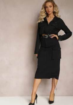 Czarna Cargo Spódnica Midi z Paskiem i Ściągaczami Timnitos