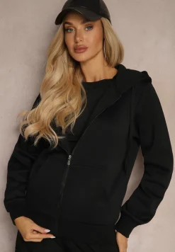 Czarna Casualowa Bluza z Dodatkiem Bawełny Zapinana na Suwak z Kapturem Arkatia