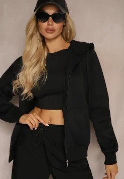 Czarna Casualowa Bluza z Dodatkiem Bawełny Zapinana na Suwak z Kapturem Arkatia