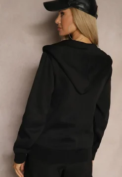 Czarna Casualowa Bluza z Dodatkiem Bawełny Zapinana na Suwak z Kapturem Arkatia