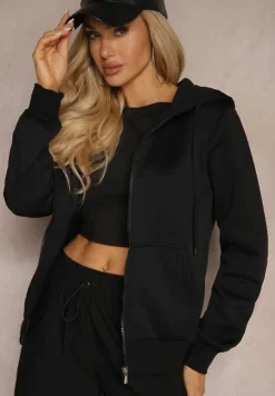 Czarna Casualowa Bluza z Dodatkiem Bawełny Zapinana na Suwak z Kapturem Arkatia