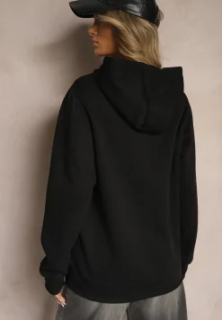 Czarna Casualowa Bluza z Dodatkiem Bawełny Kapturem i Ozdobnymi Sznurkami Feseraria