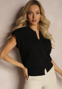 Czarna Casualowa Bluzka Polo w Stylu Dzianinowej Kamizelki z Usztywnionymi Ramionami Aidelma