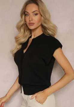 Czarna Casualowa Bluzka Polo w Stylu Dzianinowej Kamizelki z Usztywnionymi Ramionami Aidelma