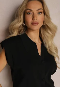 Czarna Casualowa Bluzka Polo w Stylu Dzianinowej Kamizelki z Usztywnionymi Ramionami Aidelma