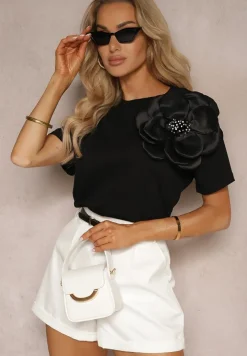 Czarna Casualowa Bluzka z Bawełny Ozdobiona Kwiatem 3D i Cyrkoniami Renvia