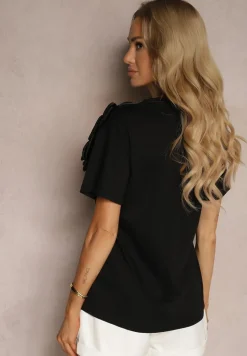 Czarna Casualowa Bluzka z Bawełny Ozdobiona Kwiatem 3D i Cyrkoniami Renvia