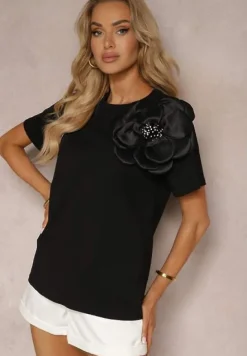 Czarna Casualowa Bluzka z Bawełny Ozdobiona Kwiatem 3D i Cyrkoniami Renvia