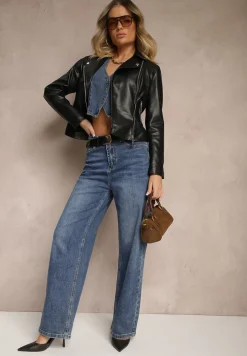 Czarna Casualowa Kurtka w Stylu Ramoneski z Zasuwanymi Kieszeniami Ovirina