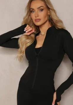 Czarna Dopasowana Bluza w Sportowym Stylu na Suwak Veralia