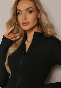 Czarna Dopasowana Bluza w Sportowym Stylu na Suwak Veralia