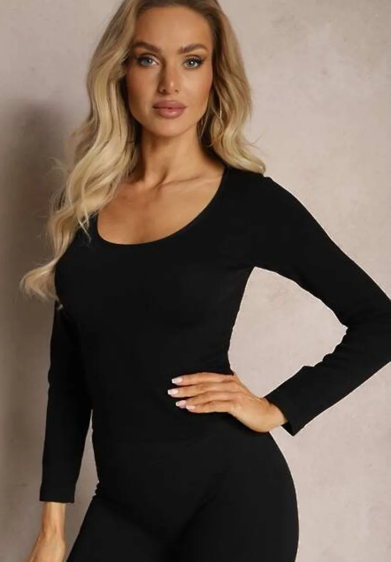 Czarna Dopasowana Bluzka w Prążki o Krótkim Kroju Elowenia