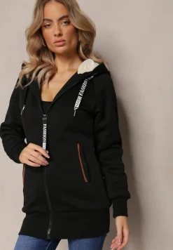 Czarna Długa Bluza z Ocieplaną Podszewką i Taśmami z Napisami Filioppa