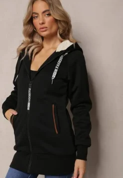 Czarna Długa Bluza z Ocieplaną Podszewką i Taśmami z Napisami Filioppa
