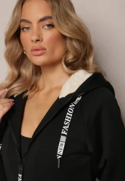 Czarna Długa Bluza z Ocieplaną Podszewką i Taśmami z Napisami Filioppa